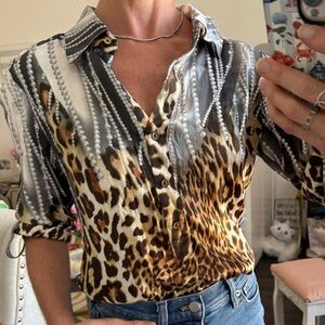 Vintage Cache Silk Pearl and Leopard Tunic